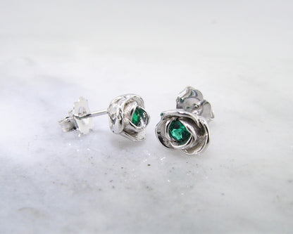 Silver Petite Rosebud Earring Studs Lab Emerald