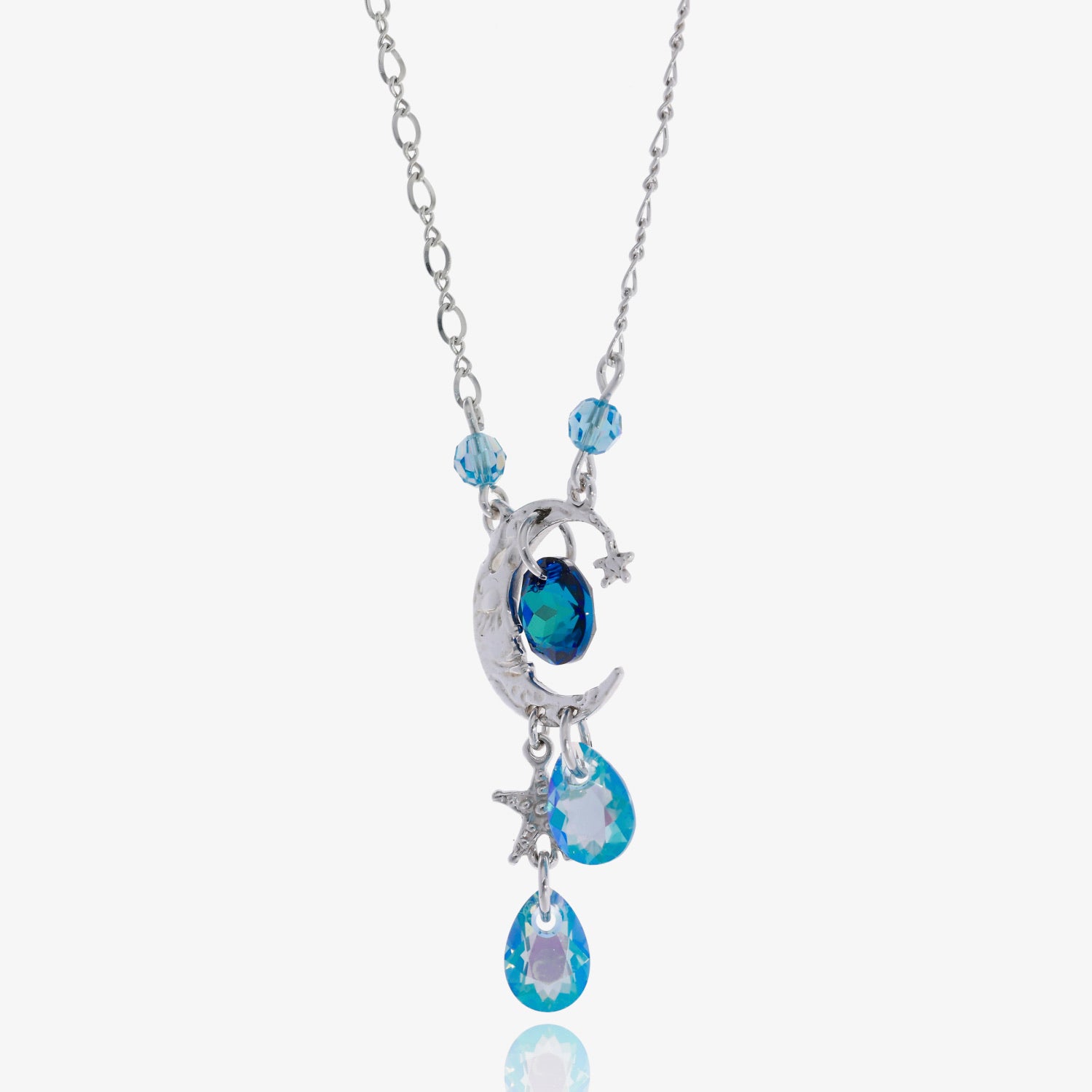Celestial crystal Blue Moon Silver Dangle Necklace