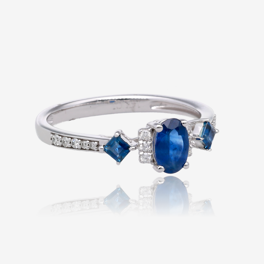 Oval and Square Natural Sapphire Ring with Diamond Accents in 14K White Gold