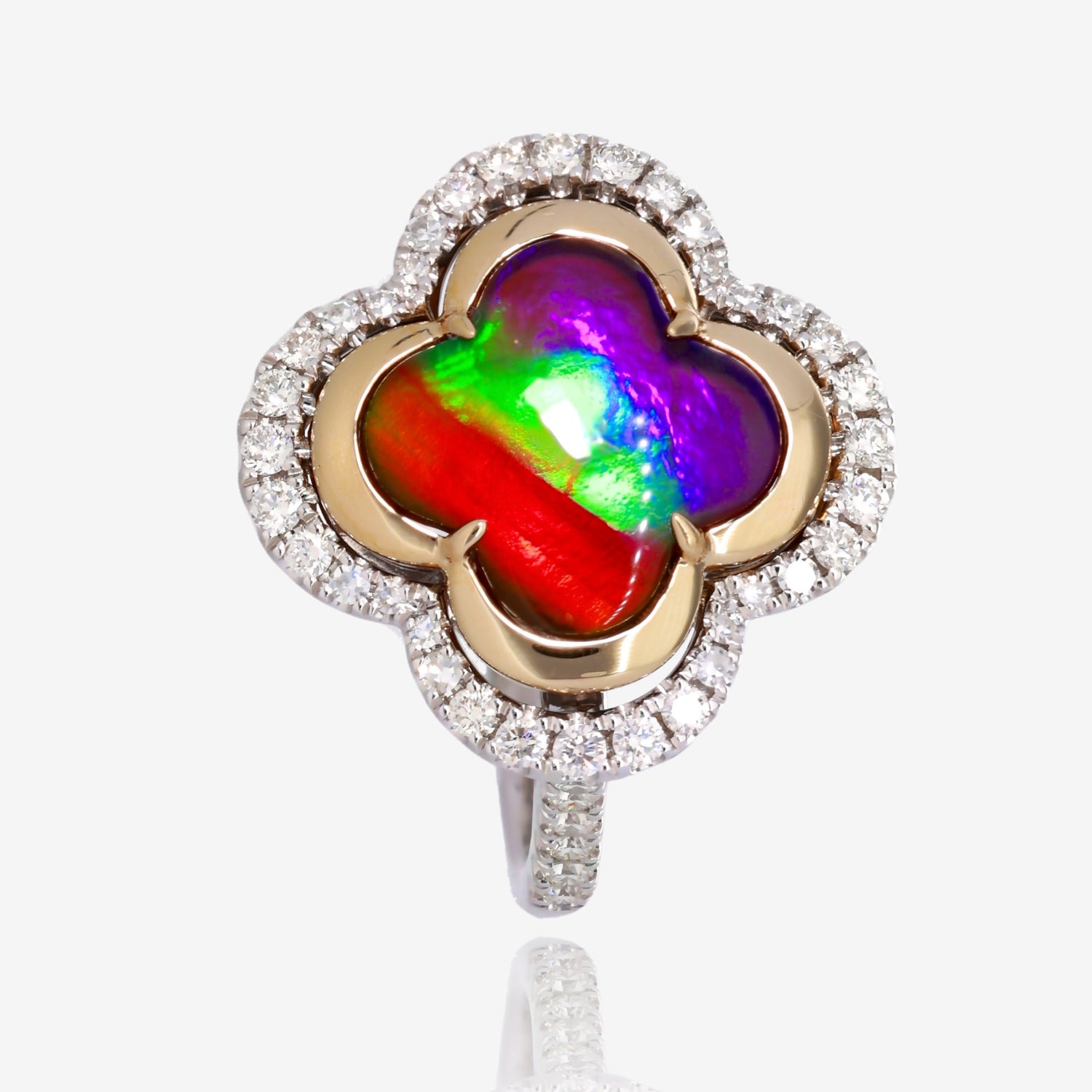 Two Tone Gold Iridescent Clover Amolite Diamond Ring