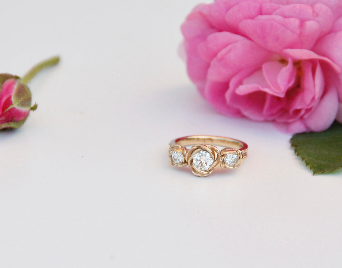 Prized Rose Trio Three Diamond Ring Yellow Gold