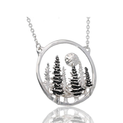 Silver Split Chain Necklace, Pine Moon Landscape Antique Finish