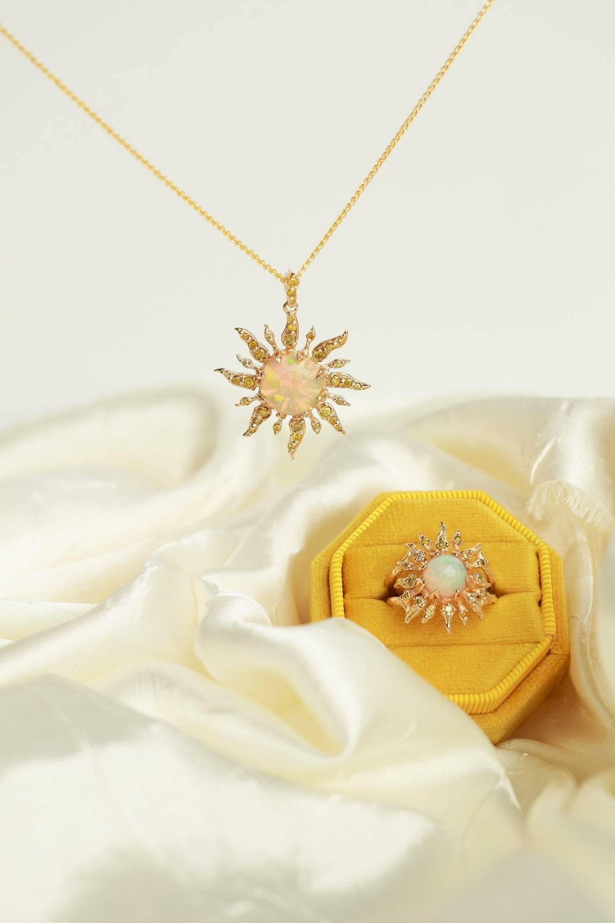 Solstice Opal and Yellow Diamond Sun Necklace