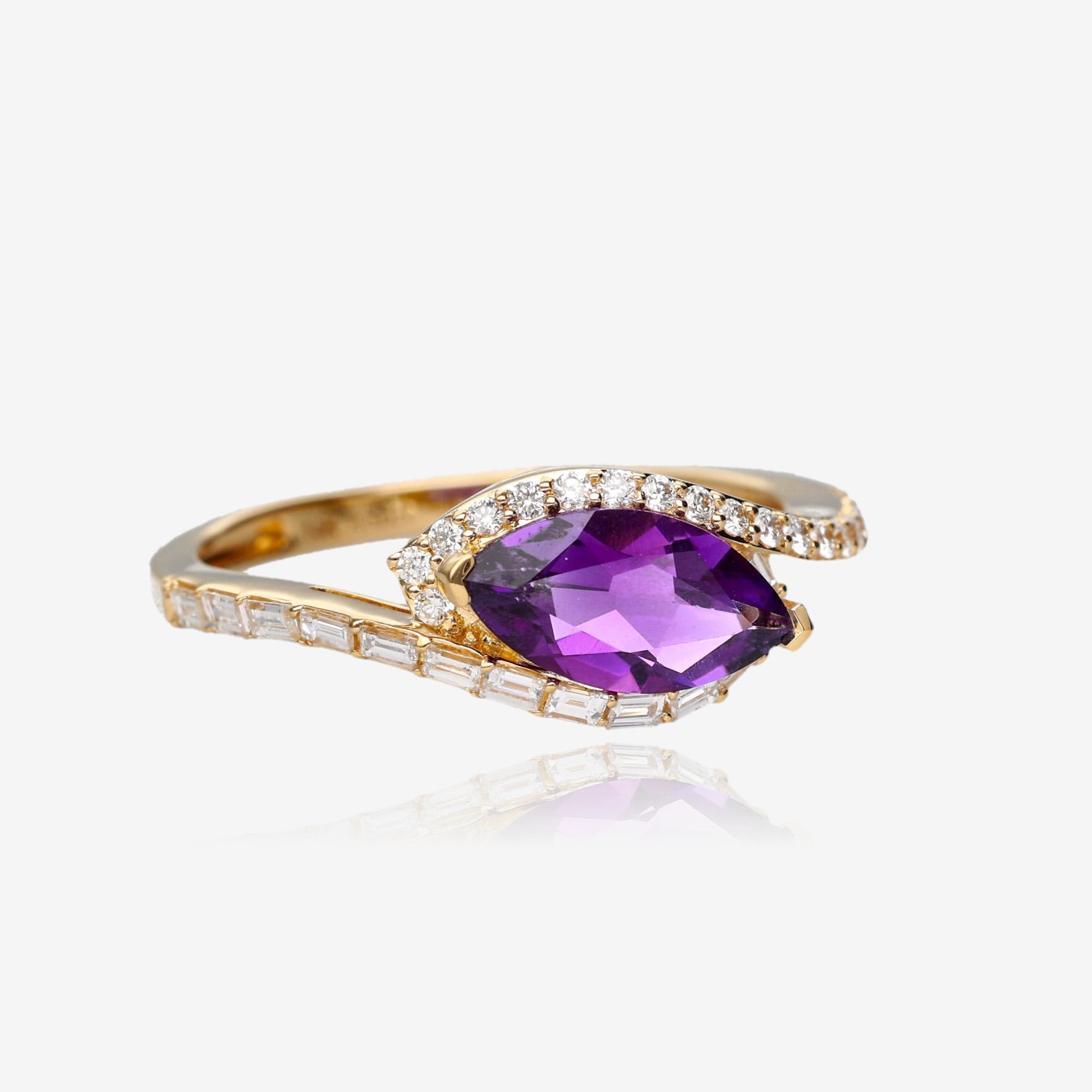 14K Yellow Golden Halo Marquise Amethyst Ring and Diamond Accent