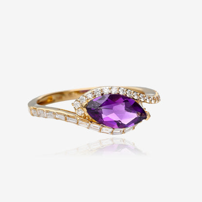 14K Yellow Golden Halo Marquise Amethyst Ring and Diamond Accent
