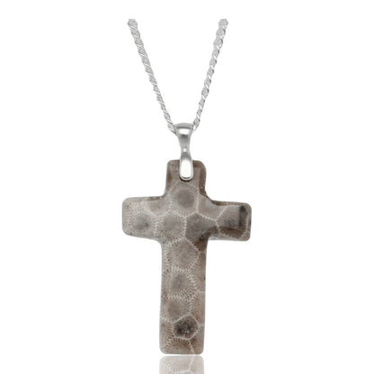 Silver 20" Petoskey Cross Necklace
