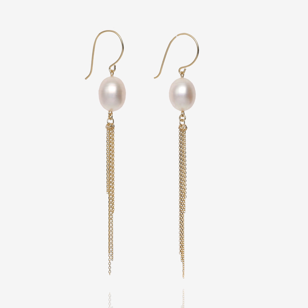 Pearl and Yellow Gold Fringe Dangle Earrings