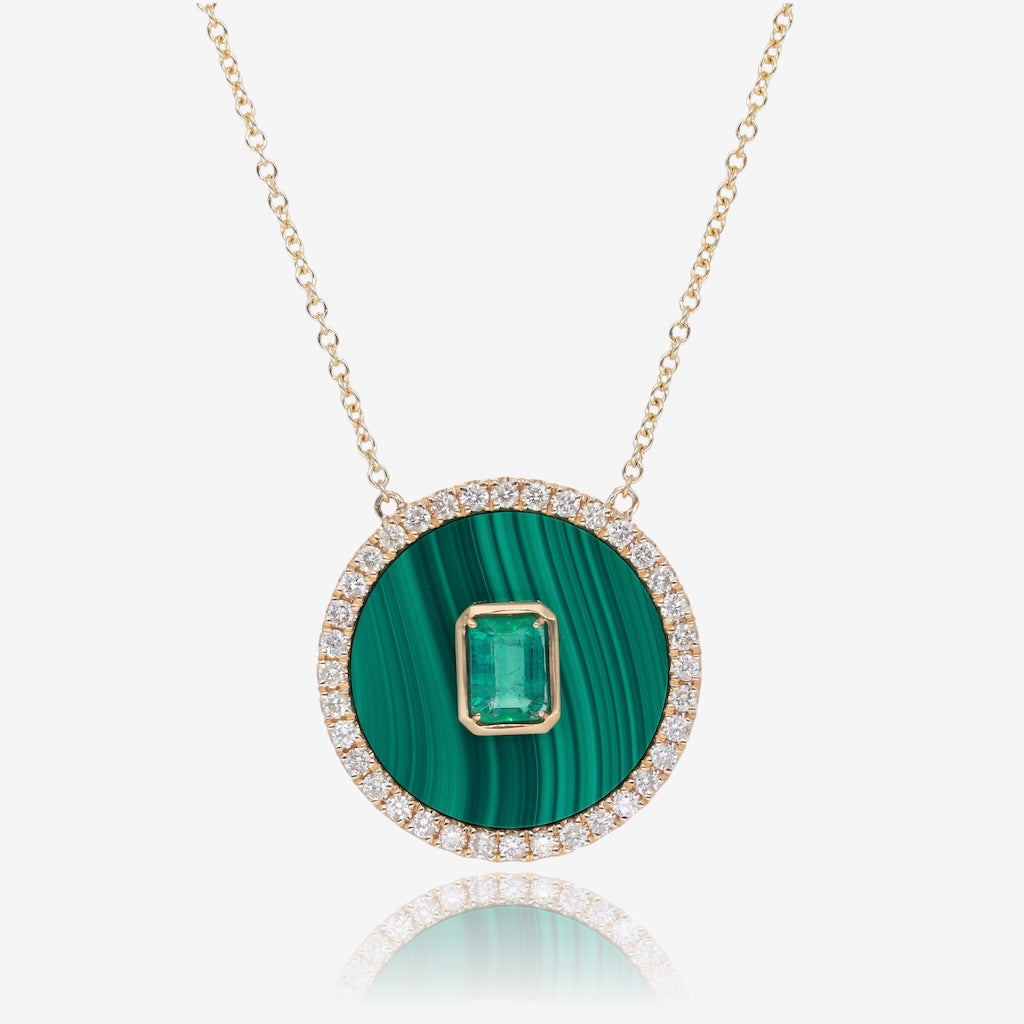 Malachite and Emerald Diamond Halo Golden Necklace