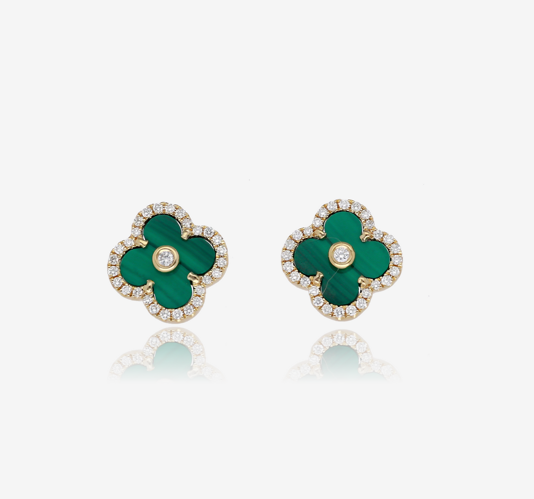 Malachite Clover and Diamond Iconic Blossom Stud Earrings in 14K Yellow Gold