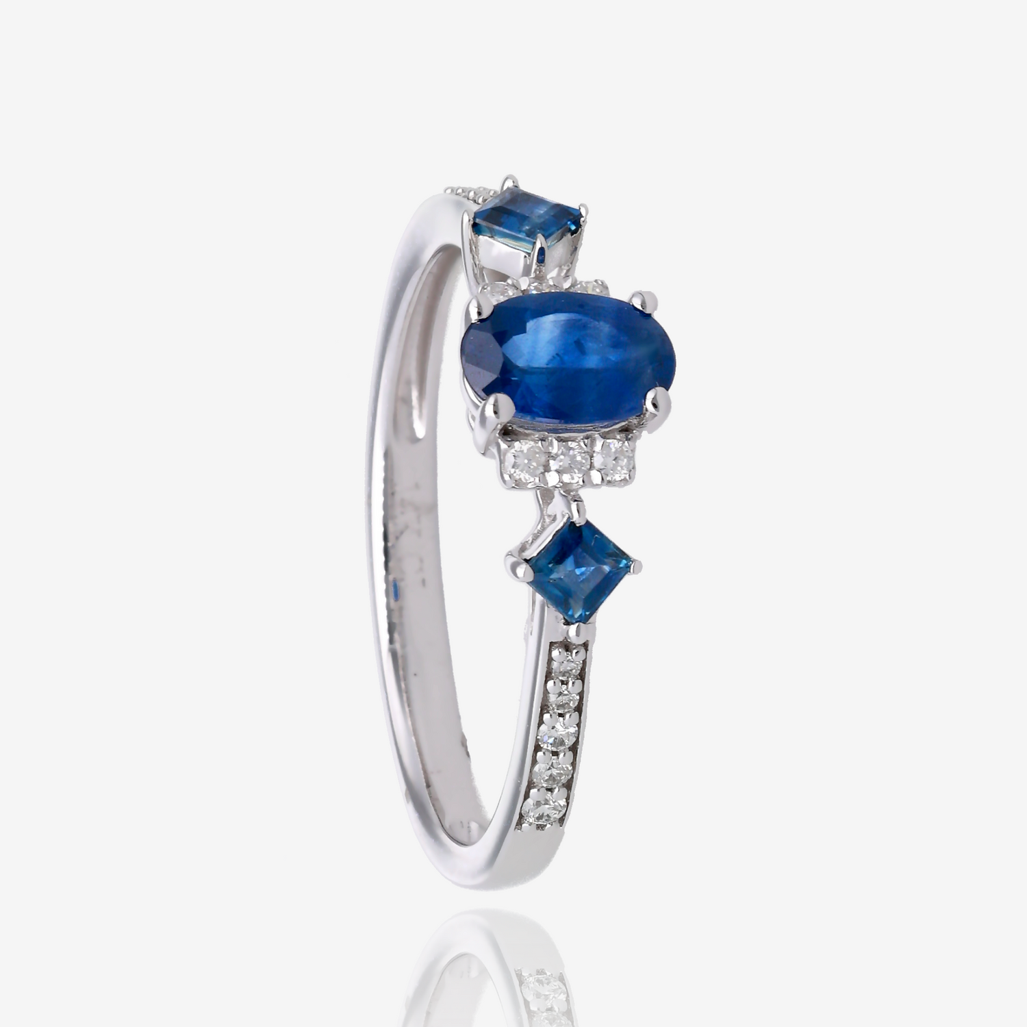 Oval and Square Natural Sapphire Ring with Diamond Accents in 14K White Gold