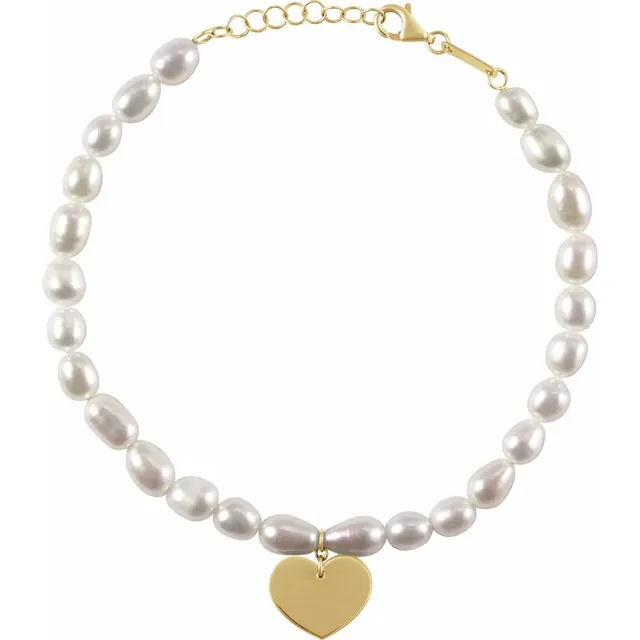 14K Yellow Cultured White Freshwater Pearl &amp; Heart Bracelet