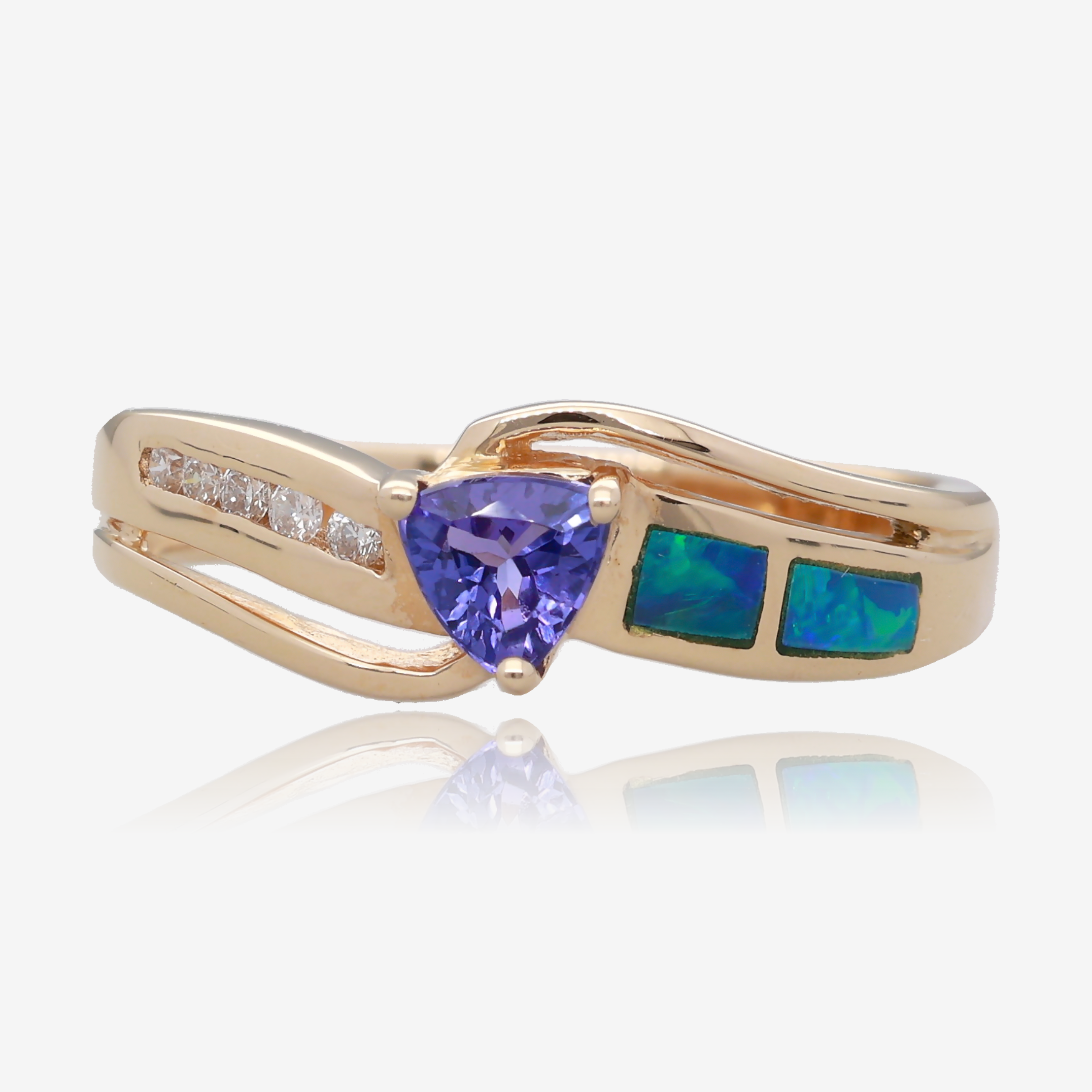 Trillion Tanzanite and Opal Inlay Diamond Bypass Ring in 14K Yellow Gold