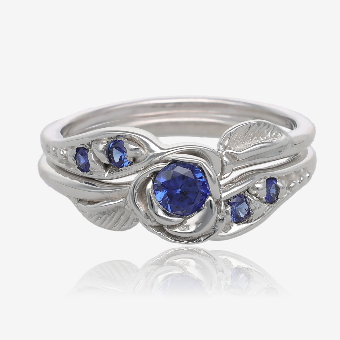 Prize Tea Rose Wedding Set Sterling Silver and Blue Lab Sapphire