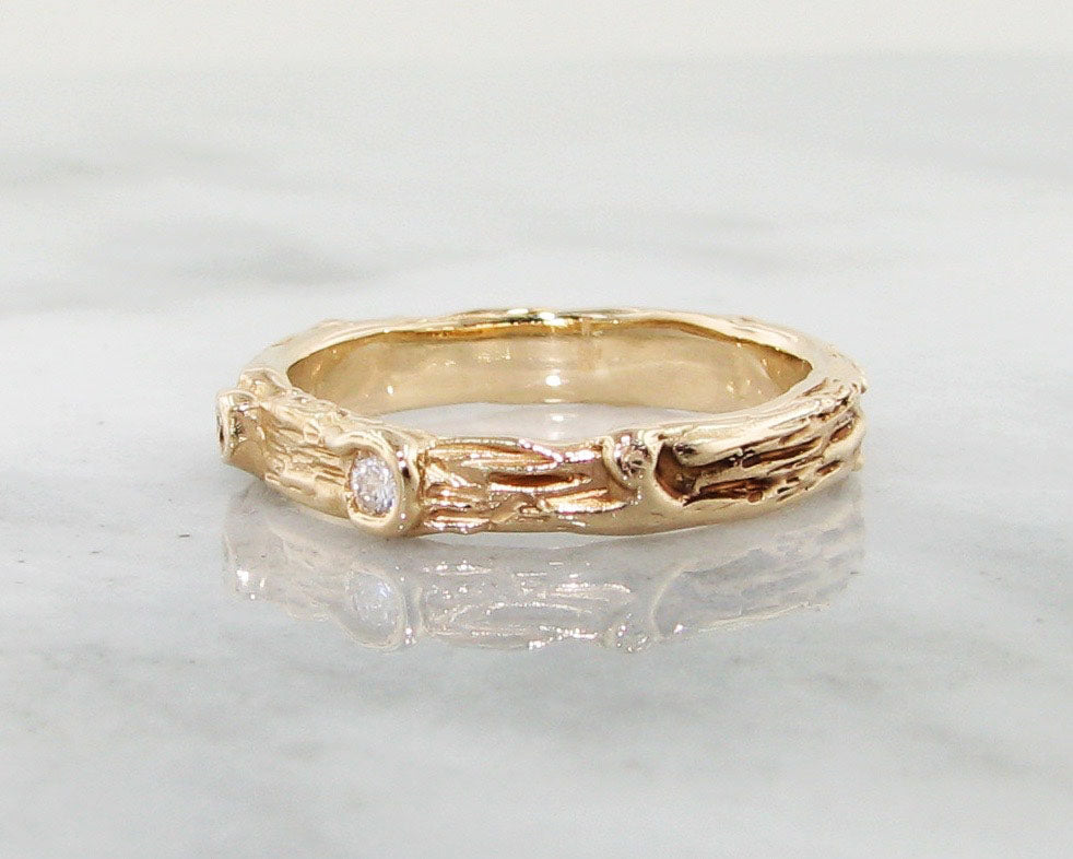 Birch and Diamond Band 14k Yellow Gold Low Profile