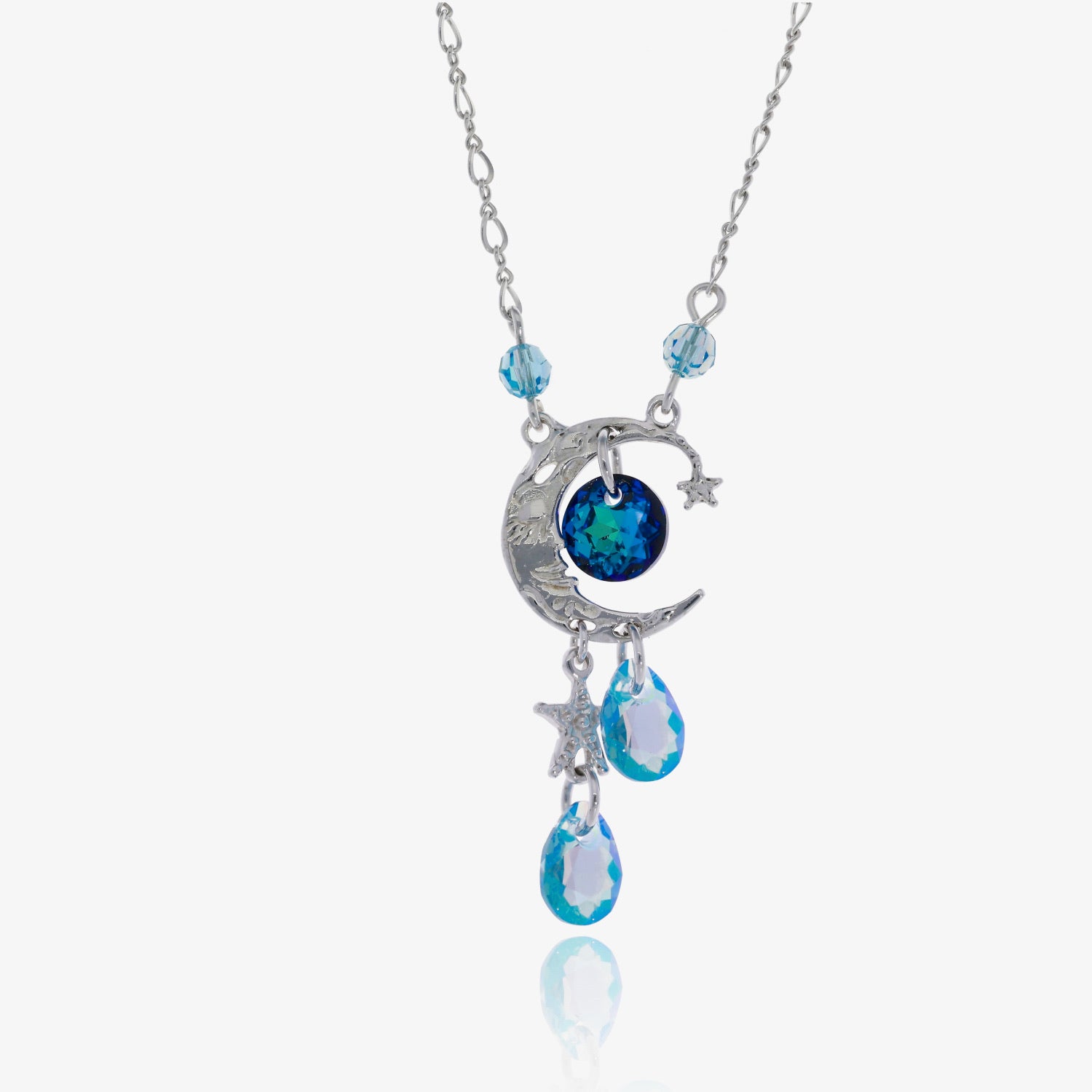 Celestial crystal Blue Moon Silver Dangle Necklace