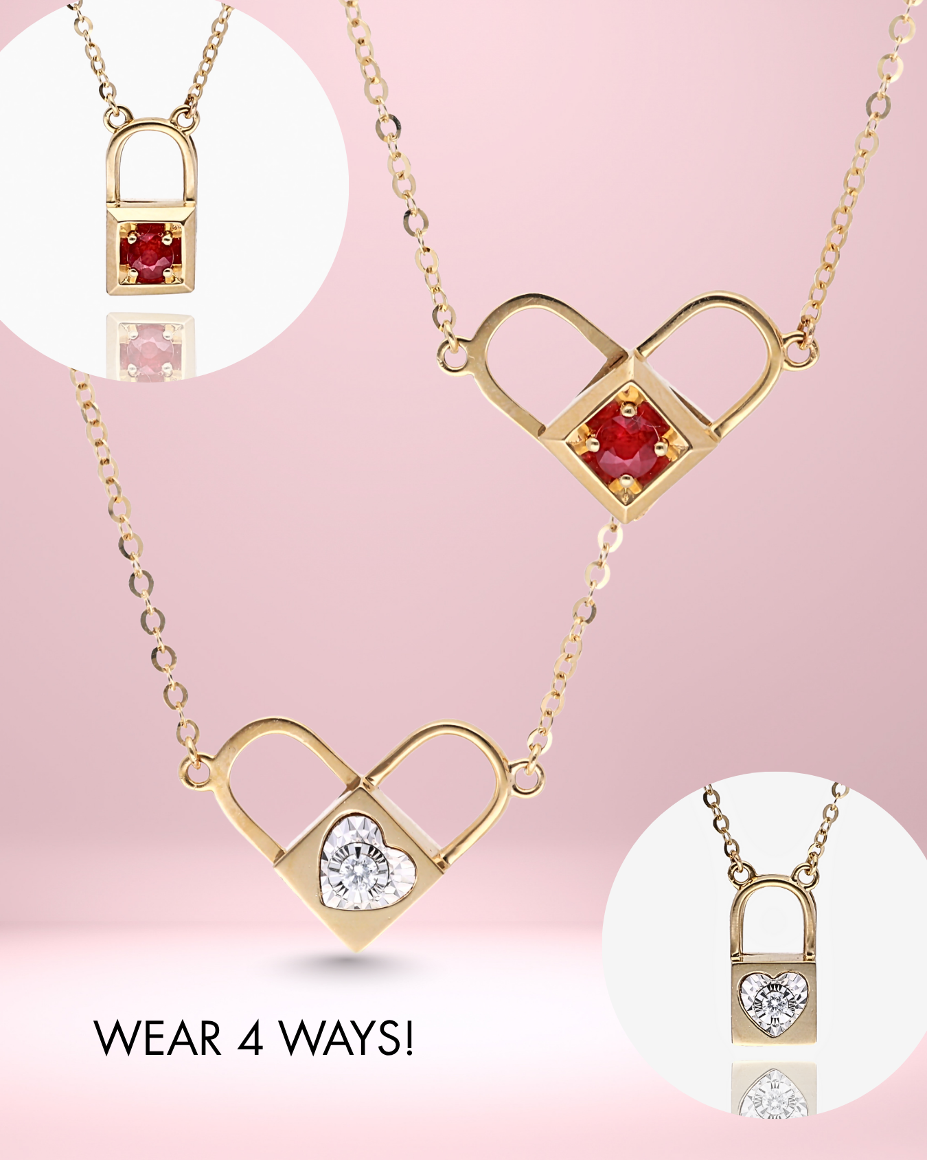 Heart Lock Ruby and Diamond Convertible Necklace in 14K Yellow Gold
