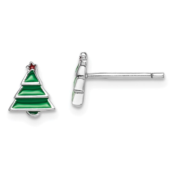 Enameled Christmas Tree Post Earrings Sterling Silver Rhodium-plated