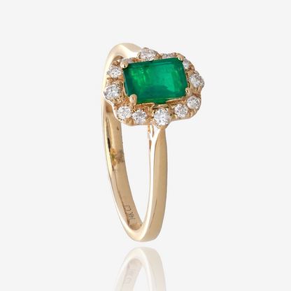 Emerald Cut Emerald and Diamond Vintage Halo Ring in 14K Yellow Gold