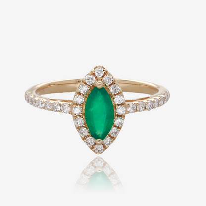 Marquise Emerald and Diamond Halo Ring in 14K Yellow Gold