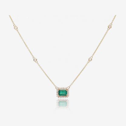 Emerald and Diamond Gold Halo Station Necklace