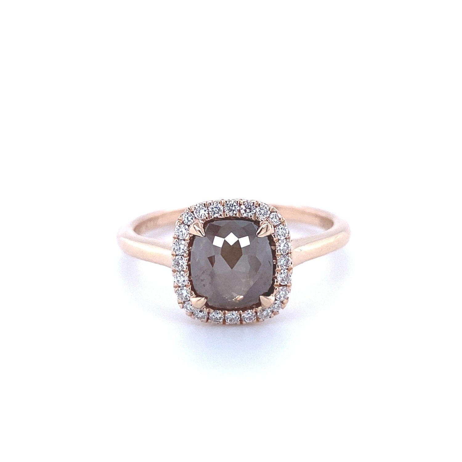 .95ct Bronzed Rough Rose Cut Diamond Cushion Halo Engagement Ring 14k Rose Gold 1.09ct TDW