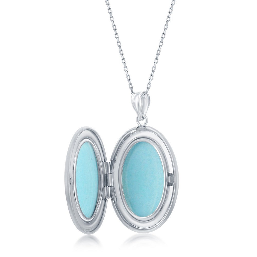 Sterling Silver Small Oval with Matte and Diamond Cut Border Locket With Chain