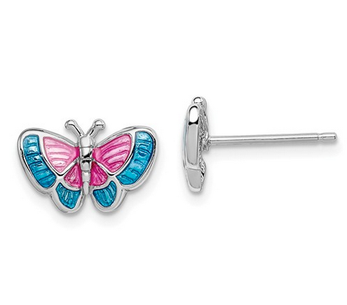 Sterling Silver Rhodium-plated Enamel Butterfly Post Earrings