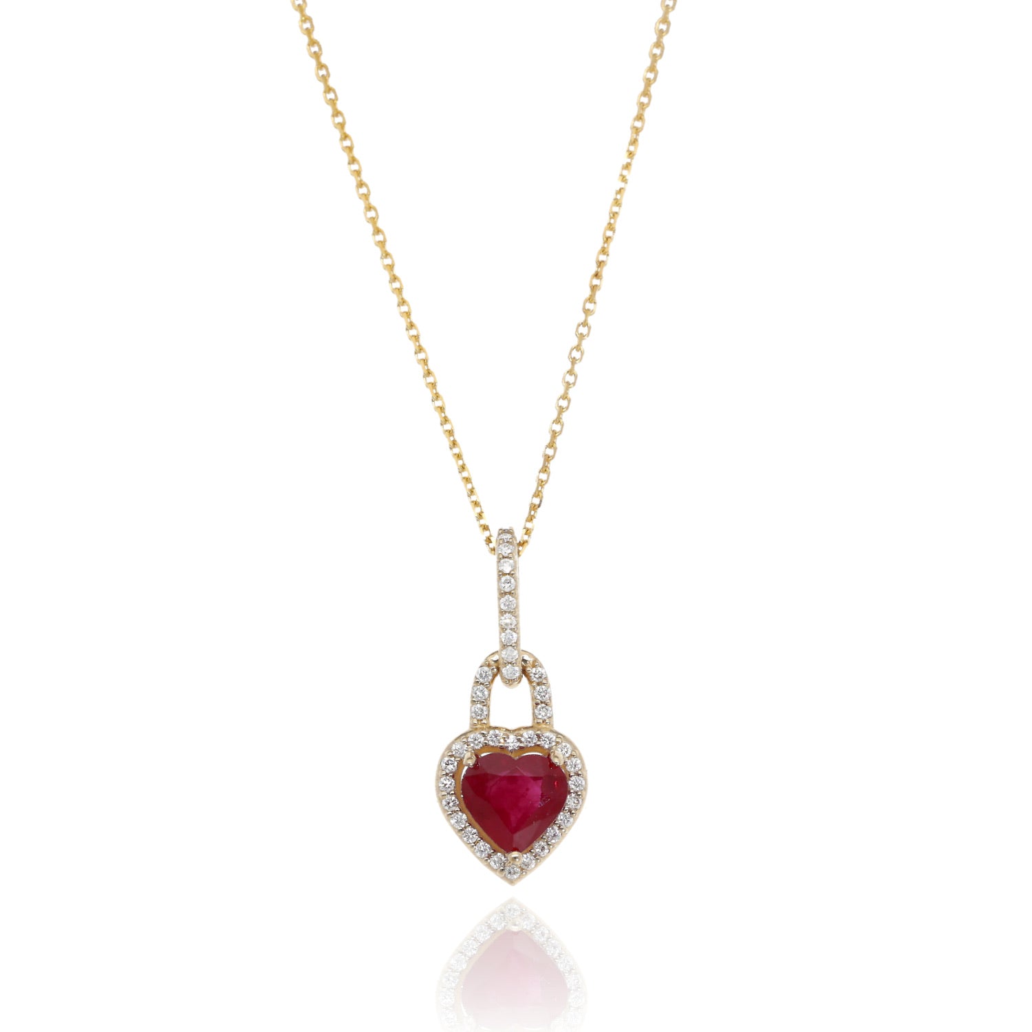 Adoration Ruby Heart Halo Pendant in Yellow Gold