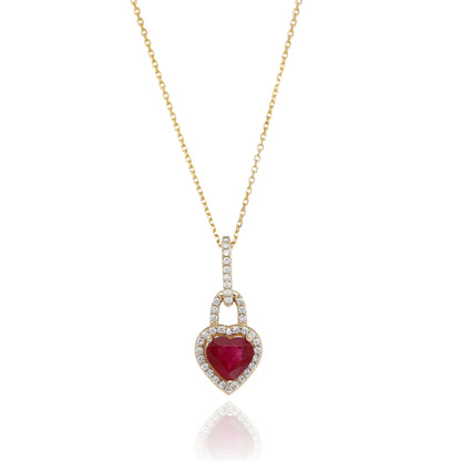 Adoration Ruby Heart Halo Pendant in Yellow Gold