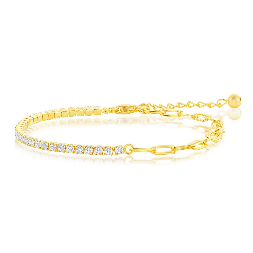 Gold Plated Silver Half &amp; Half Paperclip &amp; Tennis Bracelet
