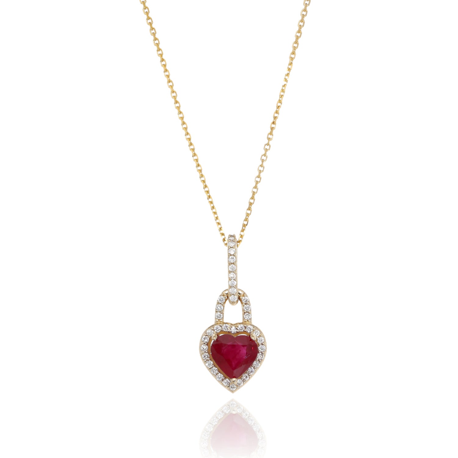 Adoration Ruby Heart Halo Pendant in Yellow Gold