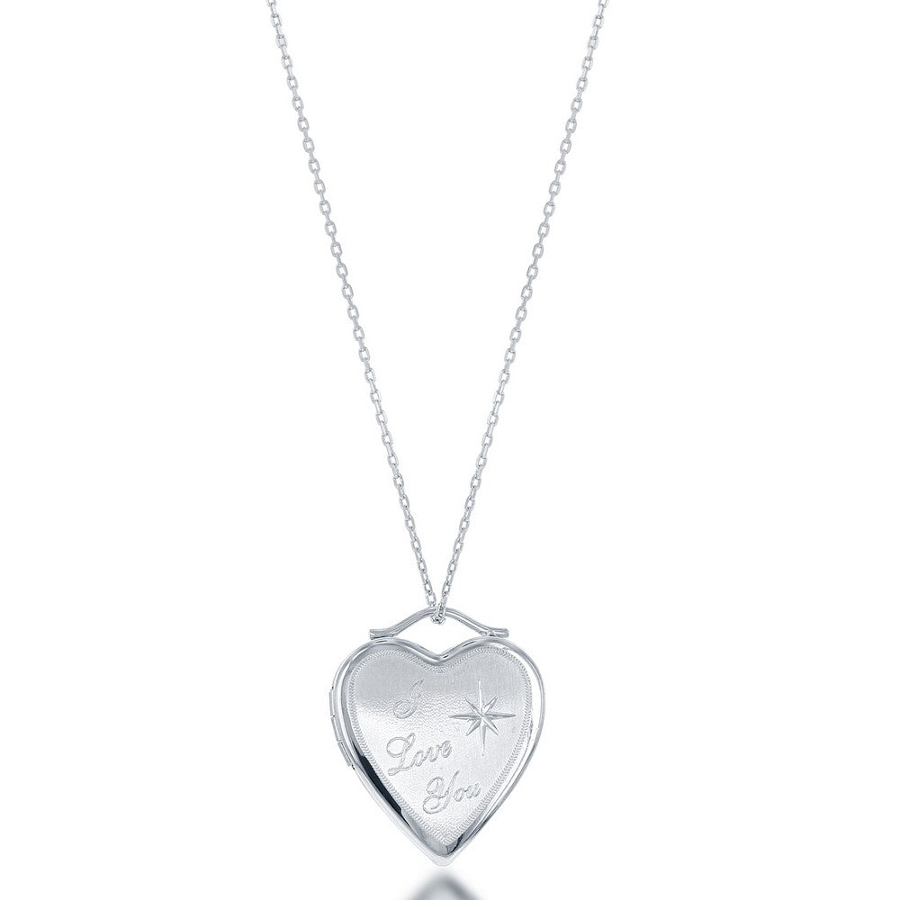 Sterling Silver &quot;I Love You&quot; Diamond-Cut Star Heart Locket With Chain