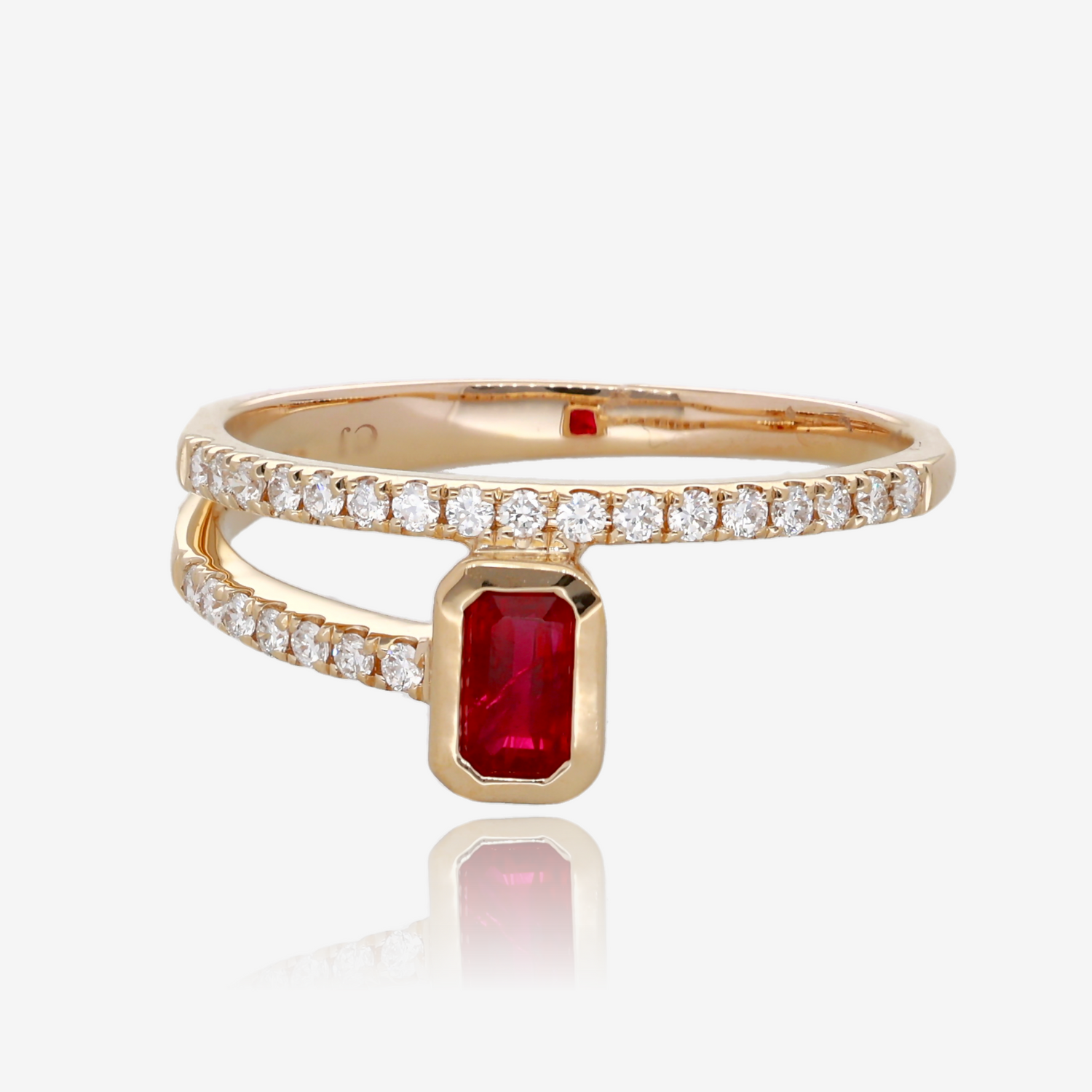 Emerald Cut Ruby and Diamond Bypass Ring in 14K Yellow Gold