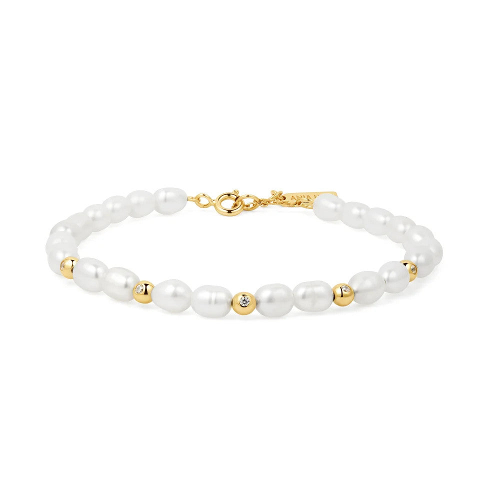 Yellow Freshwater Pearl and White Cubic Zirconia Bezel Set Bracelet