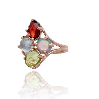 Aurora Garden One of a Kind 14K Rose Gold Multi Gemstone Ring with Garnet, Peridot, Opal and Aquamarine