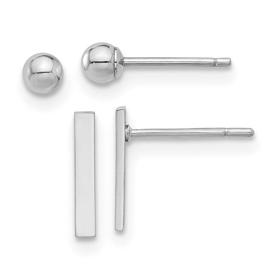 14K White Polished 3mm Ball and Bar Earring Set