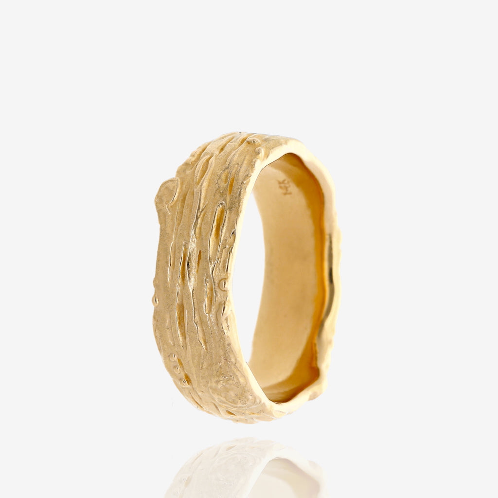 Knotted Tree Bark Textured 14k Yellow Gold Domed Band