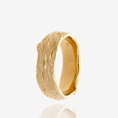 Knotted Tree Bark Textured 14k Yellow Gold Domed Band
