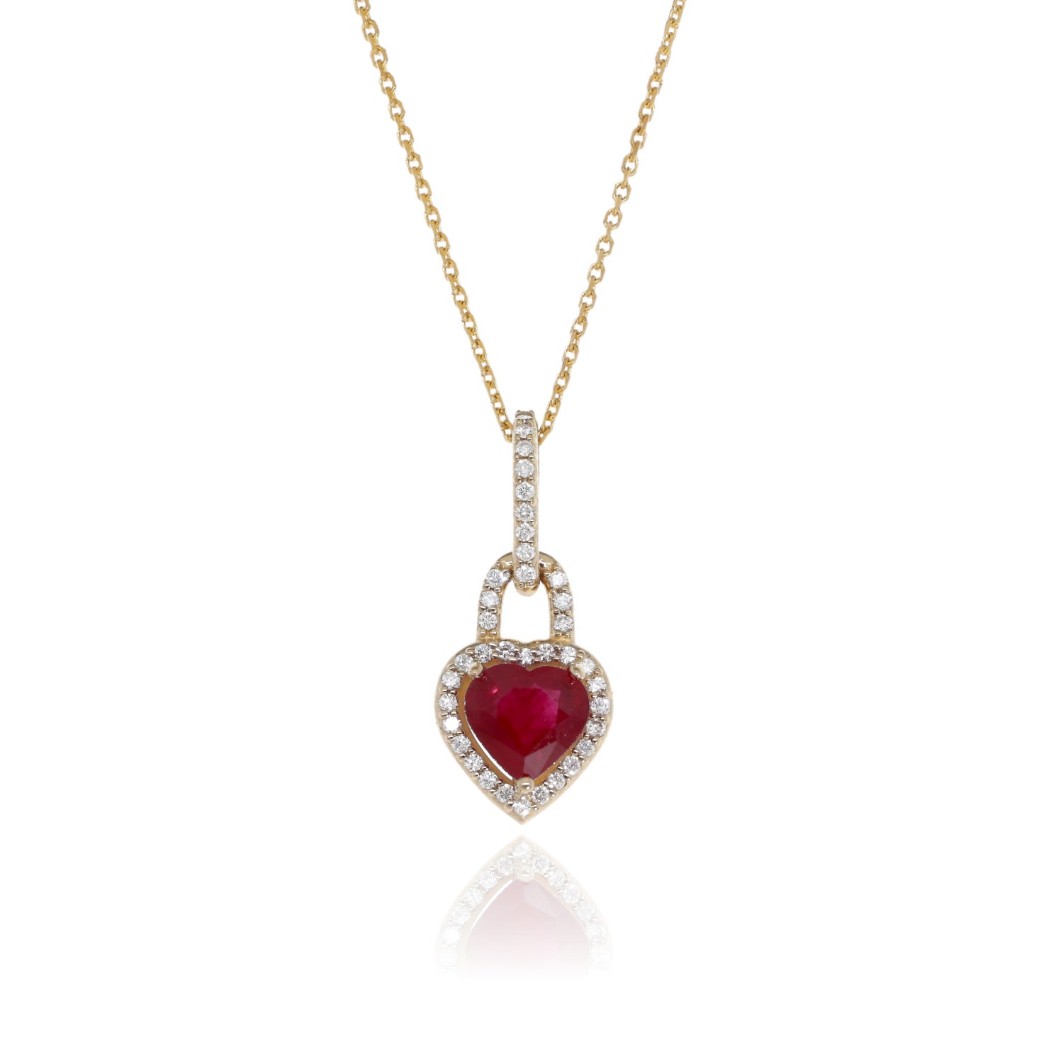 Adoration Ruby Heart Halo Pendant in Yellow Gold