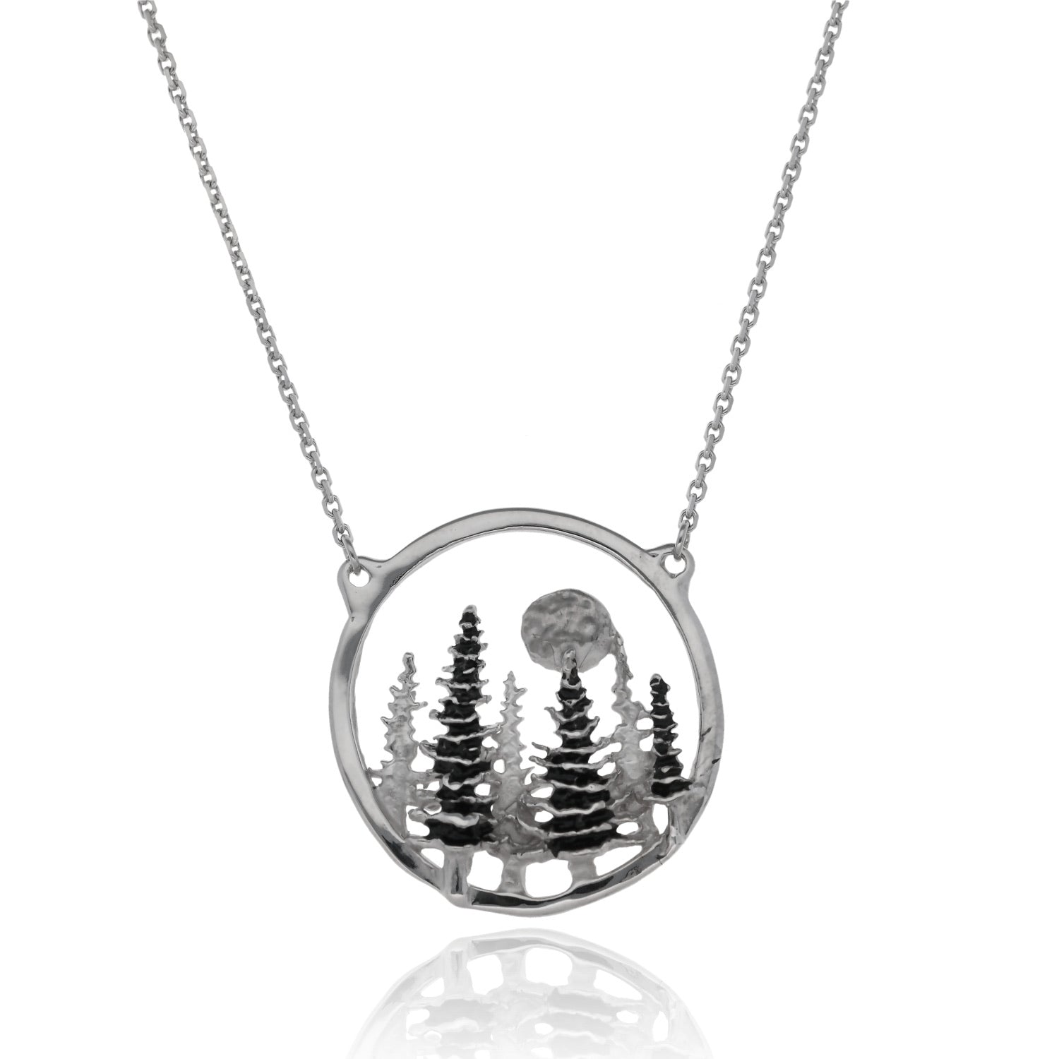 Silver Split Chain Necklace, Pine Moon Landscape Antique Finish
