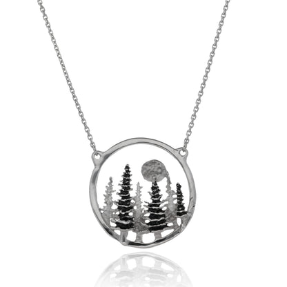 Silver Split Chain Necklace, Pine Moon Landscape Antique Finish