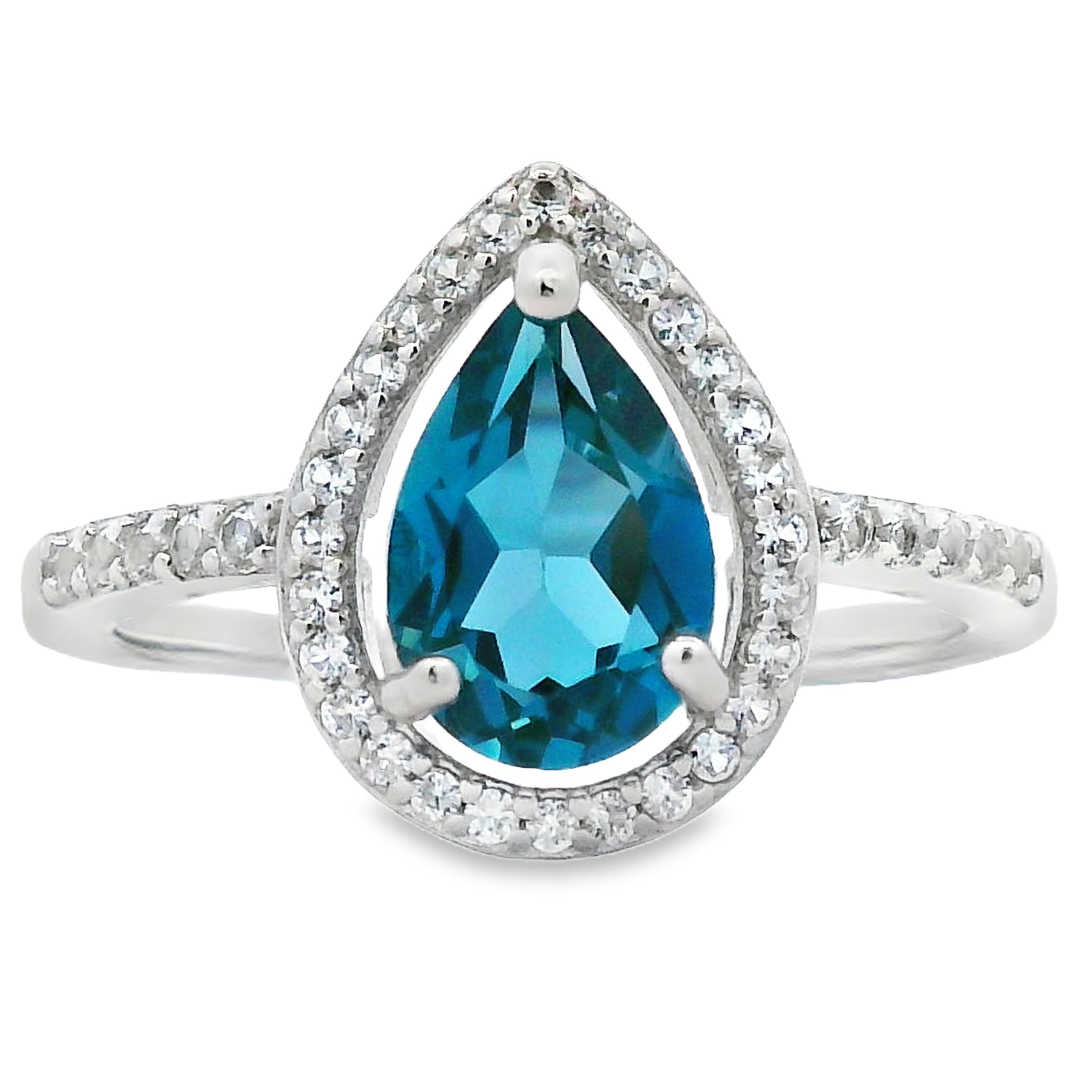 London Elegance Pear Halo Silver Solitaire Ring