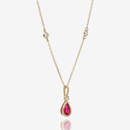 Natural Pear Shaped Ruby and Diamond Pendant in 14K Yellow Gold