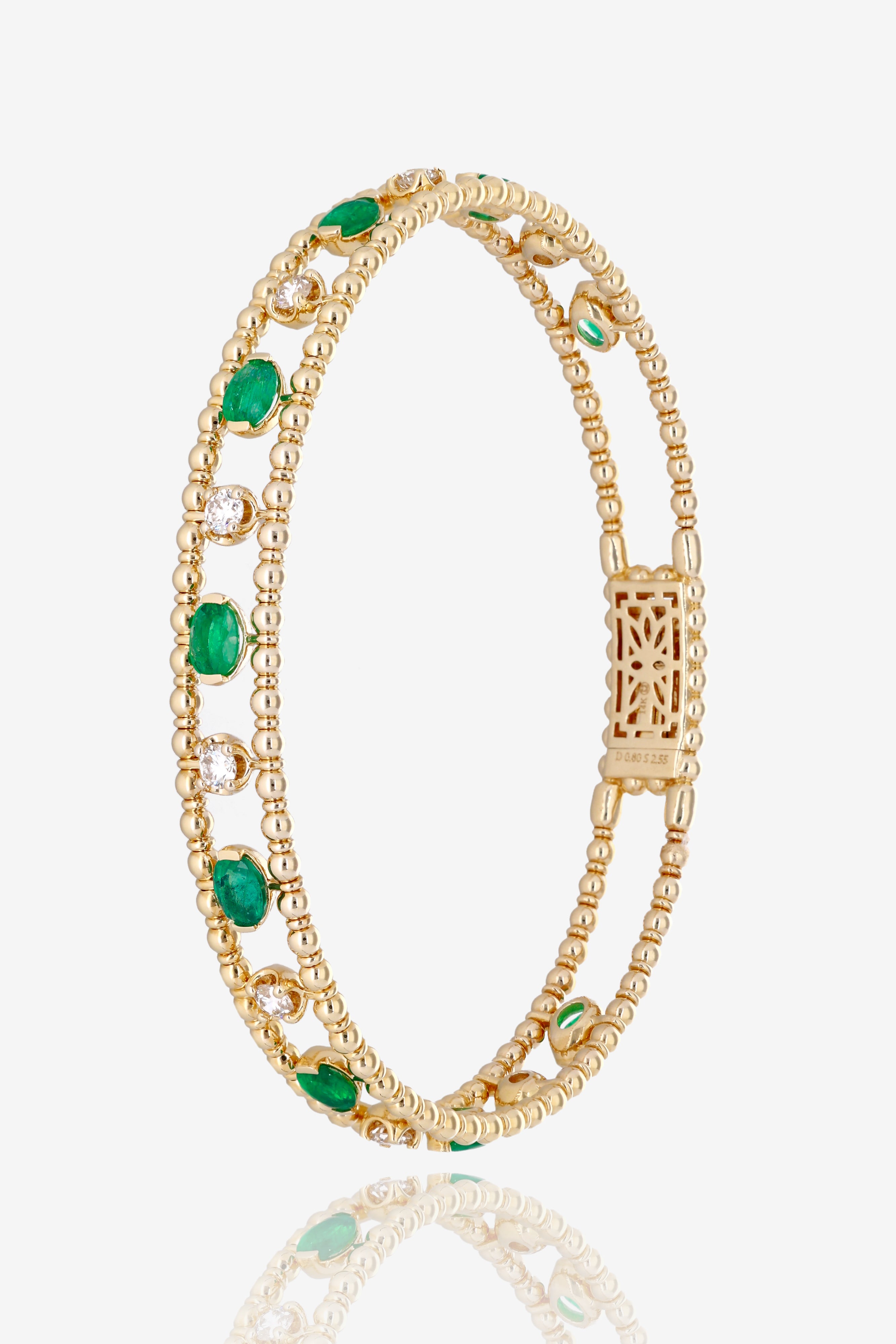 Emerald and Diamond Beaded Flex Bangle in 14K Yellow Gold