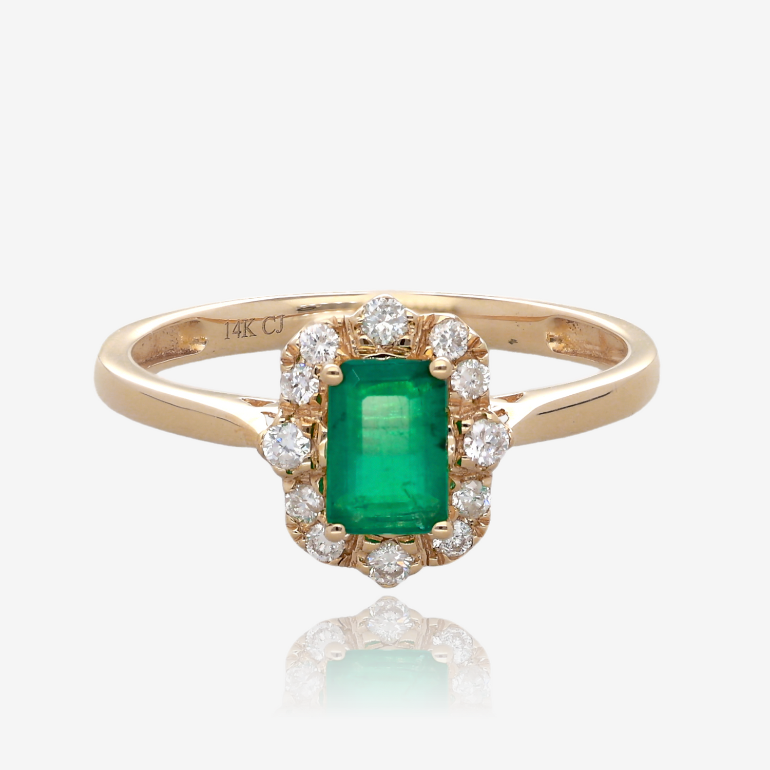 Emerald Cut Emerald and Diamond Vintage Halo Ring in 14K Yellow Gold