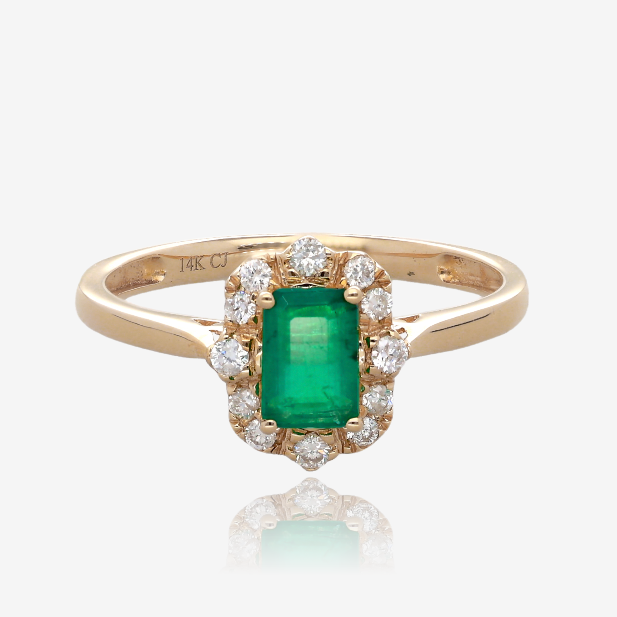 Emerald Cut Emerald and Diamond Vintage Halo Ring in 14K Yellow Gold