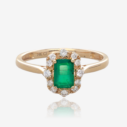 Emerald Cut Emerald and Diamond Vintage Halo Ring in 14K Yellow Gold