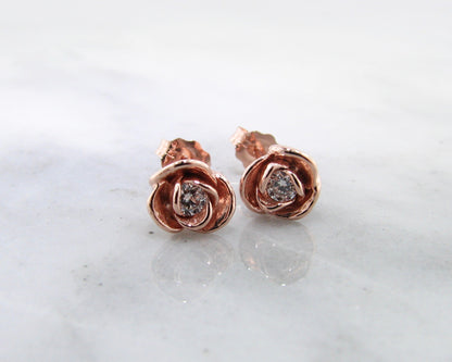 Diamond Rose Gold Earring Studs, Petite Rose