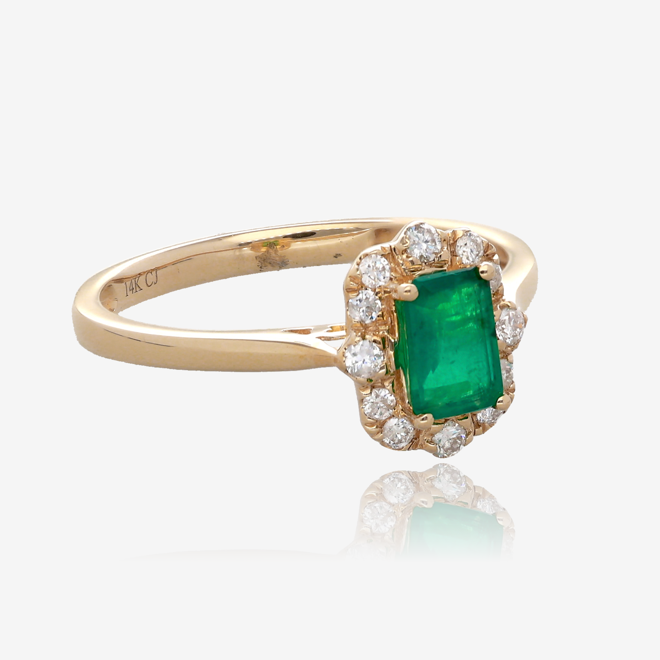 Emerald Cut Emerald and Diamond Vintage Halo Ring in 14K Yellow Gold