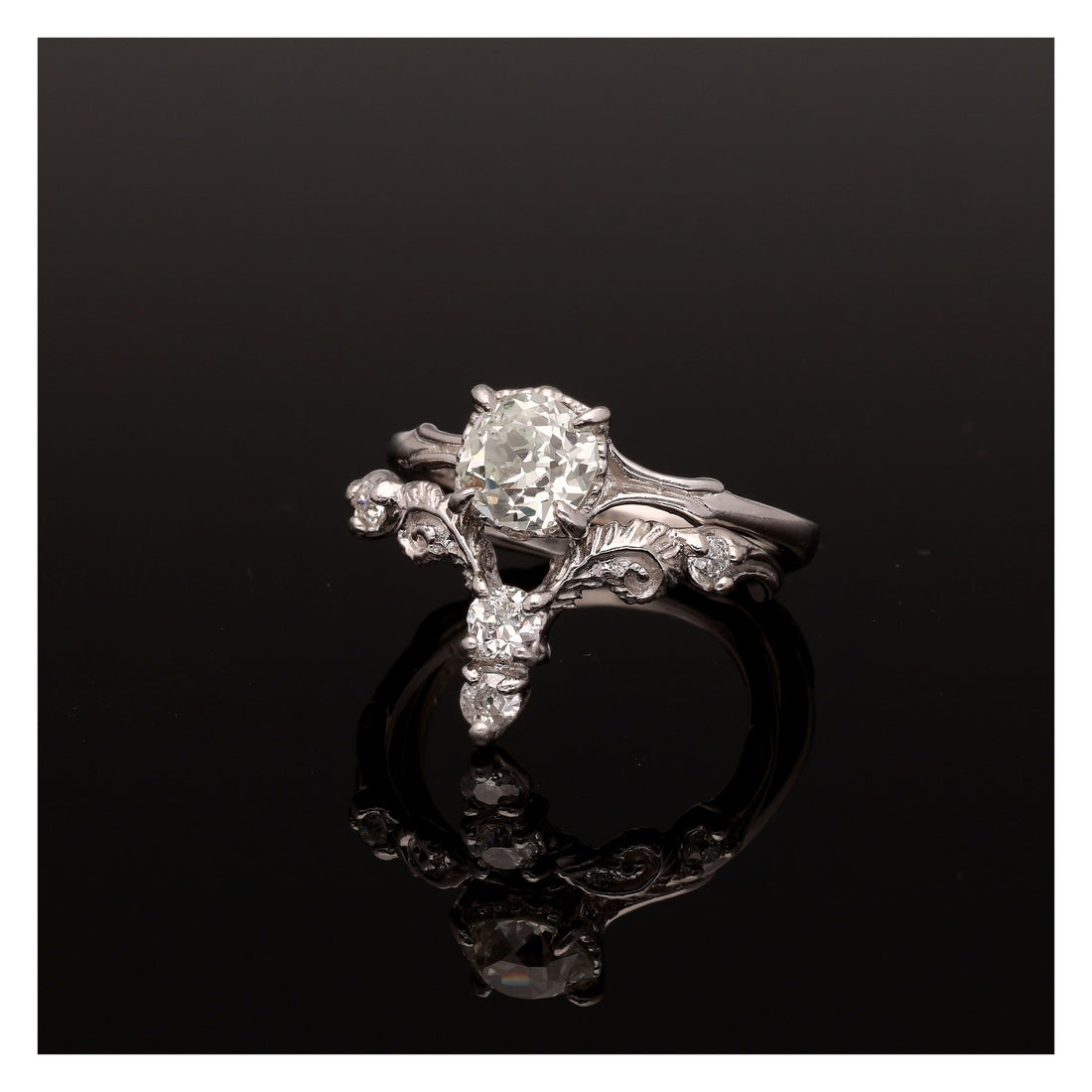 Fiddlehead Fern and Orchid Platinum Wedding Set 1 Carat Old Mine Cut Antique Diamond